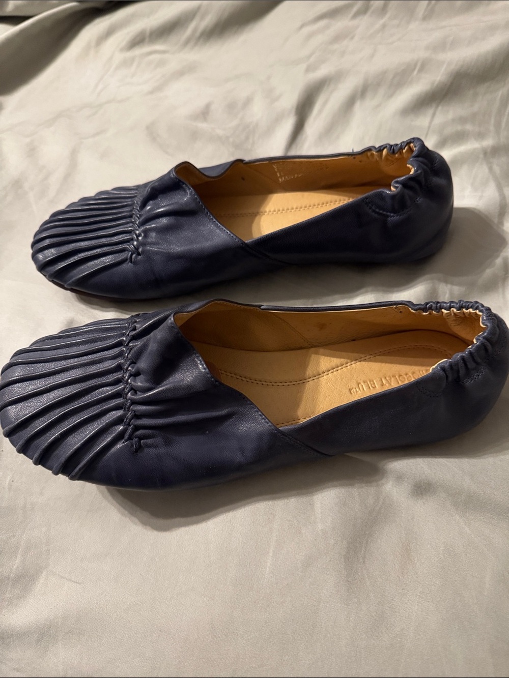 Chocolat Blu Navy Pleated Leather Slip-On Flats